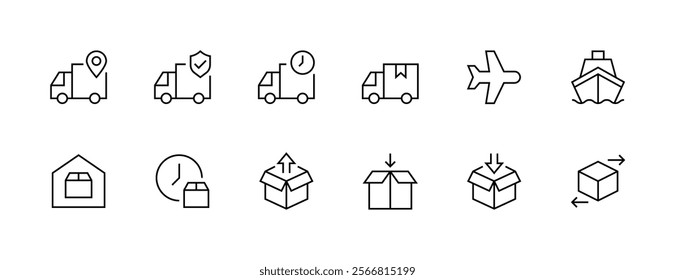 Shipping icon collection. Delivery icon set. Package box, tracking, supply chain, cargo delivery, container, order, movement and more. Editable stroke. Pixel Perfect. Grid base 32px.