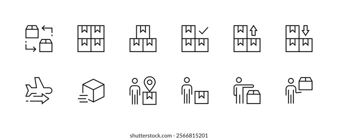 Shipping icon collection. Delivery icon set. Package box, tracking, supply chain, cargo delivery, container, order, movement and more. Editable stroke. Pixel Perfect. Grid base 32px.