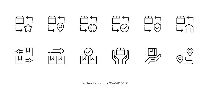 Shipping icon collection. Delivery icon set. Package box, tracking, supply chain, cargo delivery, container, order, movement and more. Editable stroke. Pixel Perfect. Grid base 32px.