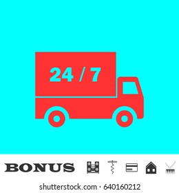 Shipping icon flat. Red pictogram on blue background. Vector illustration symbol and bonus buttons Music center, corkscrew, credit card, house, drum