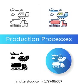 Shipping icon. Linear black and RGB color styles. Freight transportation, delivery service. Commercial shipment, production distribution by sea, land and air. Isolated vector illustrations