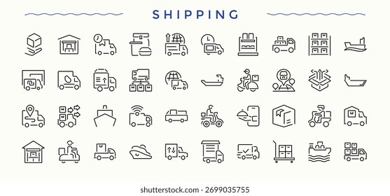 Shipping icon pack. Courier icon set. Included logistic, delivery, car, deliver, parcel, ship and more. Editable vector illustration.