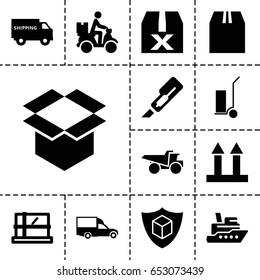 Shipping icon. set of 13 filled shippingicons such as parcel, cutter, cart cargo, truck, van, cargo arrow up, box, courier on motorcycle, shipping truck, question box