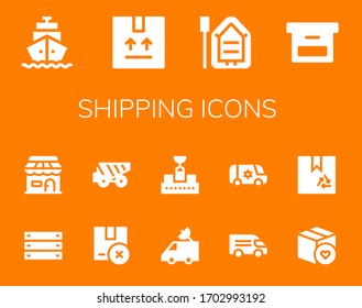 shipping icon set. 14 filled shipping icons.  Simple modern icons such as: Shipping, Package, Boat, Box, Shop, Dump truck, Van, Conveyor