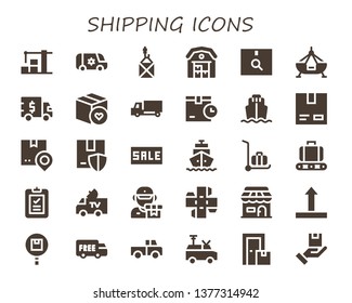 shipping icon set. 30 filled shipping icons.  Collection Of - Warehouse, Van, Package, Fair ship, Truck, Delivery truck, Cargo ship, Cardboard, Shipping, Sale, Delivery cart, Conveyor