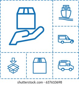 Shipping icon. set of 6 shipping outline icons such as van, cargo container, cargo ship, cargo protection