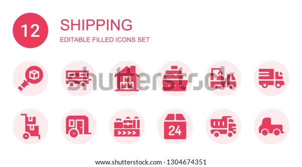 shipping icon set. Collection of 12\
filled shipping icons included Package, Trailer, Warehouse, Cruise,\
Truck, Delivery cart, Conveyor belt, Box, Delivery\
truck