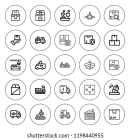 Shipping icon set. collection of 25 outline shipping icons with boat, cargo, box, cardboard, conveyor, cruise, delivery truck, move, package, ship icons. editable icons.