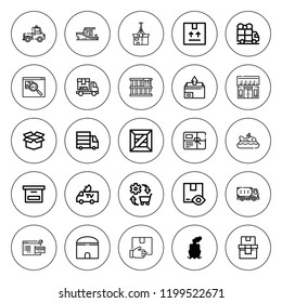 Shipping icon set. collection of 25 outline shipping icons with boat, commerce, box, conveyor, delivery truck, hangar, package, shop, shopping online icons. editable icons.
