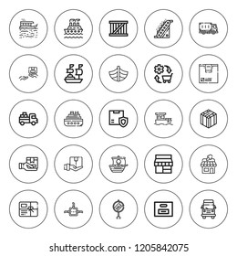 Shipping icon set. collection of 25 outline shipping icons with boat, box, commerce, delivery, conveyor, galleon, package, shop, ship, store, sale icons. editable icons.