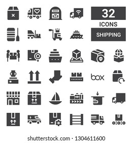 shipping icon set. Collection of 32 filled shipping icons included Conveyor, Truck, Rack, Package, Delivery truck, Conveyor belt, Boat, Box, Shop, Delivery, Side up, Vessel, Cruise