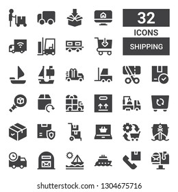 shipping icon set. Collection of 32 filled shipping icons included Mail box, Shipping, Boat, Ship, Delivery truck, Commerce, Shopping online, Delivery cart, Box, Package, Container