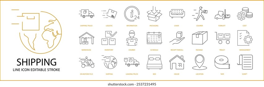 Shipping Icon Set In Line Style. Containing shipping, delivery, shipment, logistic, cargo, transportation, distribution, business, container, package etc. Vector Illustration.