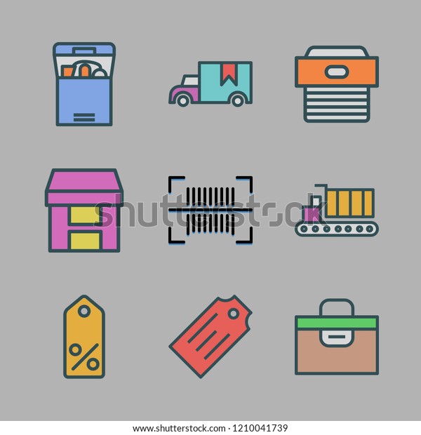 shipping icon set. vector set about box, cargo\
truck, barcode and tag icons\
set.