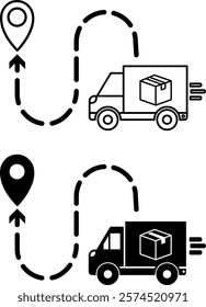 Shipping Icons. Black and White Vector Illustrations. Truck Carries Goods to the Location Specified by Geolocation. Delivery Service. Logistics Concept