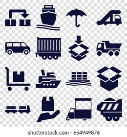 Shipping icons set. set of 16 shipping filled icons such as truck with luggage, truck crane, van, truck, keep dry cargo, box, cargo on cart, object move