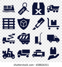 Shipping icons set. set of 16 shipping filled icons such as cutter, truck, crane, cart cargo, van, cargo box, delivery car, question box