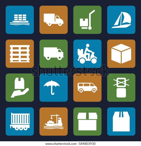 shipping icons set. Set of 16 shipping filled\
icons such as van, cargo box, keep dry cargo, courier on\
motorcycle, delivery car, truck,\
sailboat