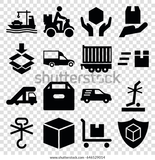 Shipping icons set. set of\
16 shipping filled icons such as truck crane, van, handle with\
care, no standing nearby, no cargo warning, cargo on cart, courier\
on motorcycle