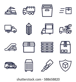 shipping icons set. Set of 16 shipping outline icons such as truck crane, cutter, truck, crane, van, cargo box, cargo, delivery car, box