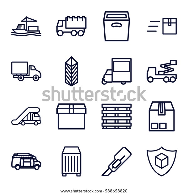 shipping icons set. Set of 16 shipping outline icons\
such as truck crane, cutter, truck, crane, van, cargo box, cargo,\
delivery car, box