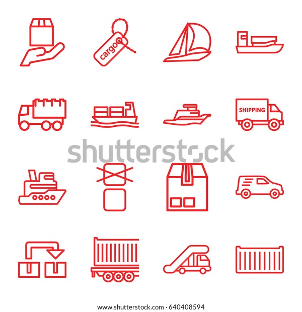 Shipping icons set. set of 16 shipping outline icons\
such as truck crane, truck, cargo box, cargo tag, delivery car,\
ship, sailboat, object\
move
