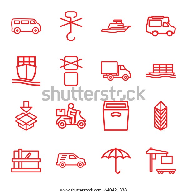 Shipping icons set. set of 16 shipping outline icons\
such as parcel, van, keep dry cargo, cargo only in box allowed,\
delivery car, box,\
ship