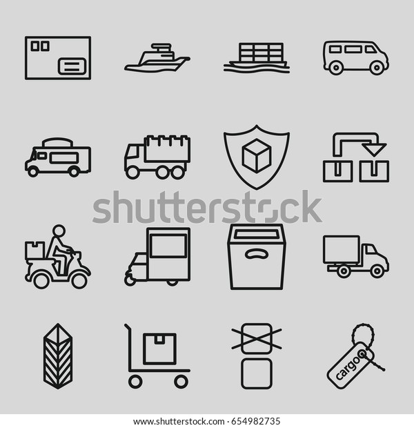 Shipping icons set. set\
of 16 shipping outline icons such as van, truck, cargo tag, cargo\
only in box allowed, courier on motorcycle, delivery car, box,\
ship, parcel