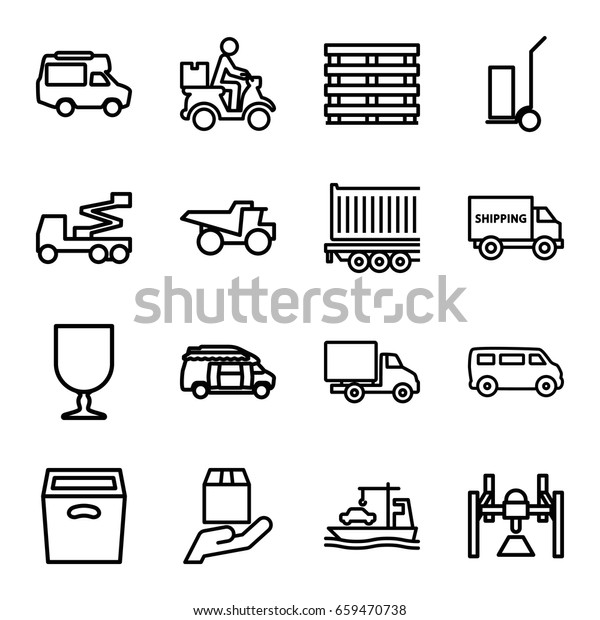 Shipping icons set. set of 16 shipping outline icons\
such as van, crane, cart cargo, truck, cargo box, courier on\
motorcycle, delivery car,\
box