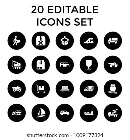 Shipping icons. set of 20 editable filled shipping icons such as truck crane, truck, crane, question box, fragile cargo. best quality shipping elements in trendy style.