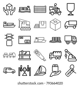 Shipping icons. set of 25 editable outline shipping icons such as parcel, truck, crane, ship, sailboat, box, cargo box, cargo tag, handle with care, courier on motorcycle