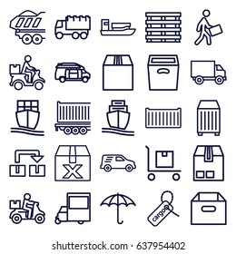 Shipping icons set. set of 25 shipping outline icons such as truck, van, cargo box, cargo tag, courier, courier on motorcycle, delivery car, box, delivery bike, ship