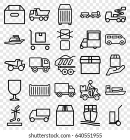 Shipping icons set. set of 25 shipping outline icons such as truck with luggage, van, truck, crane, cart cargo, cargo box, no standing nearby, courier on motorcycle, ship