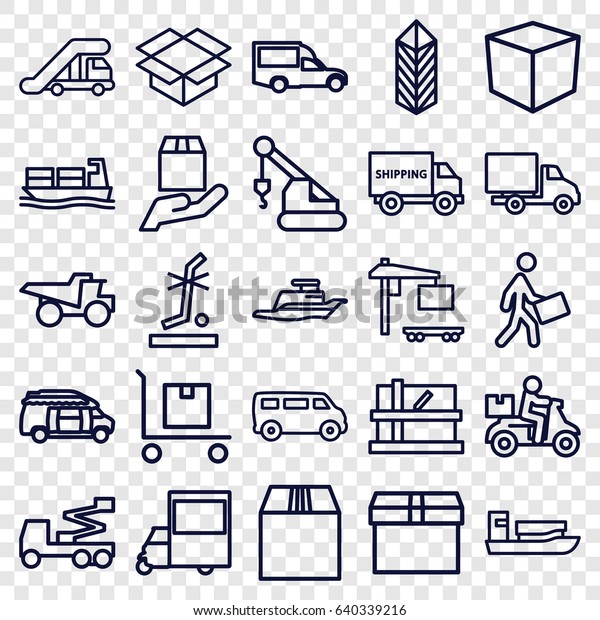 Shipping icons set. set\
of 25 shipping outline icons such as truck crane, parcel, van,\
crane, truck, box, no standing nearby, cargo, cargo on cart,\
courier, delivery car,\
ship