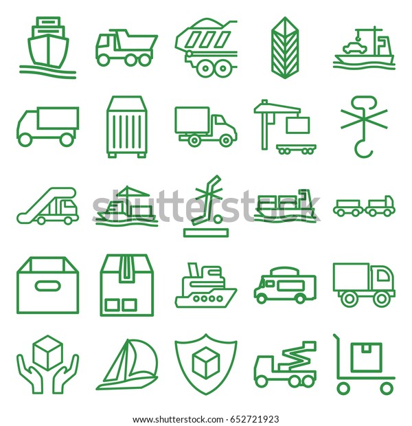 Shipping icons set. set\
of 25 shipping outline icons such as truck with luggage, truck\
crane, crane, van, handle with care, no standing nearby, no cargo\
warning, cargo