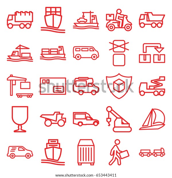 Shipping icons set. set of\
25 shipping outline icons such as truck with luggage, van, truck,\
crane, fragile cargo, cargo only in box allowed, courier, delivery\
car