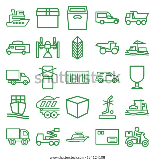Shipping icons set. set of 25\
shipping outline icons such as truck, crane, van, cargo box,\
fragile cargo, no standing nearby, delivery car, box, ship,\
delivery bike