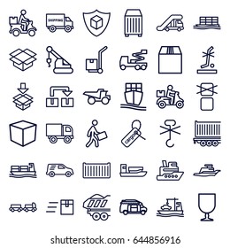 Shipping icons set. set of 36 shipping outline icons such as truck with luggage, truck crane, crane, van, cargo box, cargo tag, box, no standing nearby, courier