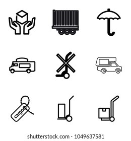 Shipping icons. set of 9 editable outline shipping icons such as cart cargo, van, cargo tag, handle with care