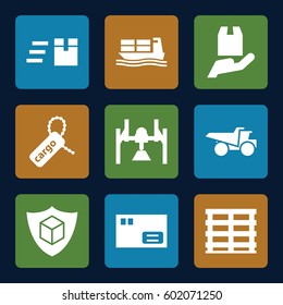 shipping icons set. Set of 9 shipping filled icons such as truck, cargo box, cargo tag, box, parcel