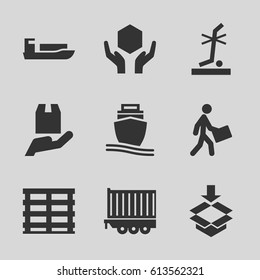 Shipping icons set. set of 9 shipping filled icons such as cargo box, handle with care, no standing nearby, cargo ship, courier, box