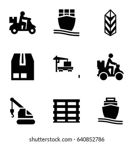 Shipping icons set. set of 9 shipping filled icons such as crane, cargo box, cargo, courier on motorcycle