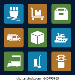 Shipping icons set. set of 9 shipping filled icons such as cart cargo, van, cargo only in box allowed, ship