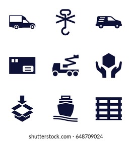 Shipping icons set. set of 9 shipping filled icons such as crane, van, cargo box, handle with care, no cargo warning, cargo ship, delivery car, box