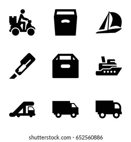 Shipping icons set. set of 9 shipping filled icons such as truck crane, cutter, courier on motorcycle, box, truck, ship