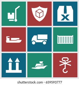 Shipping icons set. set of 9 shipping filled icons such as truck, cargo box, cargo arrow up, ship