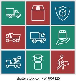 Shipping icons set. set of 9 shipping outline icons such as truck, crane, cargo only in box allowed, cargo container, courier