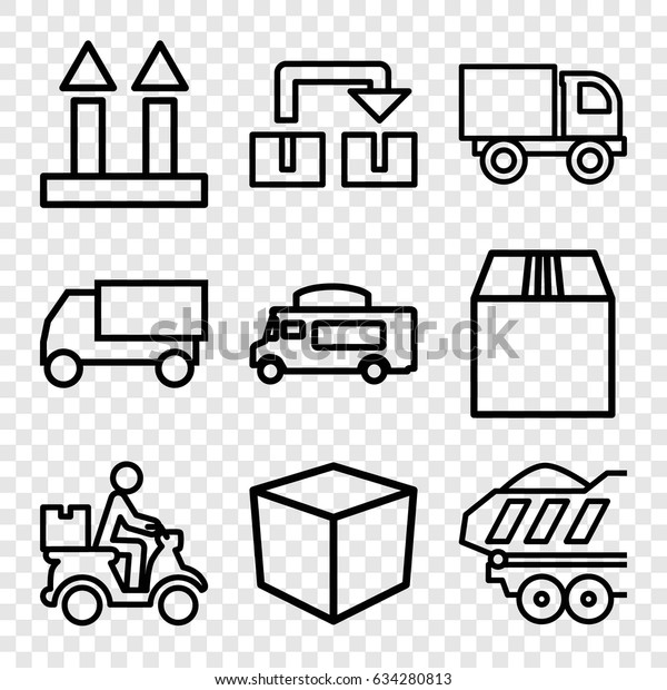 Shipping icons set. set of 9 shipping\
outline icons such as truck, van, cargo arrow up, cargo container,\
courier on motorcycle, cargo trailer,\
box