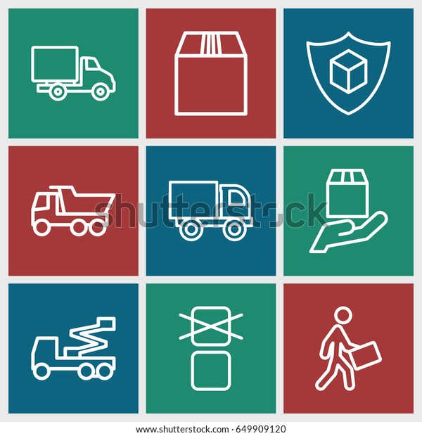 Shipping icons set. set of 9 shipping outline\
icons such as truck, crane, cargo only in box allowed, cargo\
container, courier
