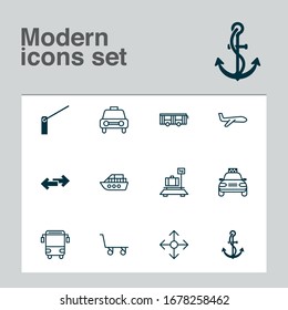 Shipping icons set with car vehicle, taxi, luggage weight and other navigation arrows elements. Isolated vector illustration shipping icons.